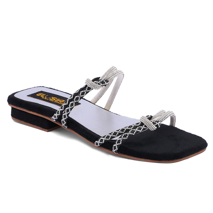 A pair of black flats with white and beige design, featuring a mesh pattern and tied with a white ribbon.