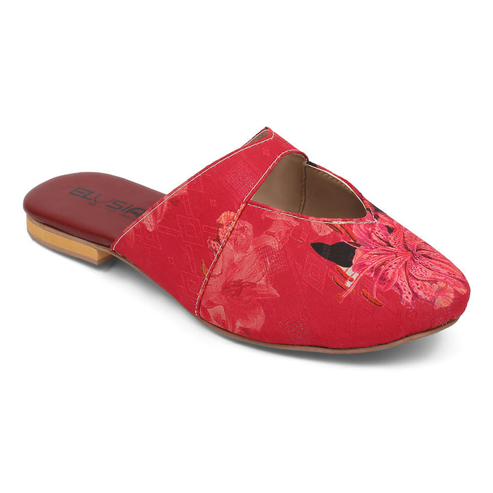 A red slip-on mule with a floral printed design and a flat heel.