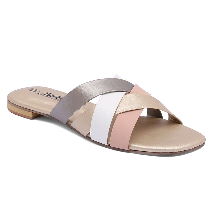 A pair of women's slippers with a peach-colored strap and a mix of peach, beige, and white straps and soles.