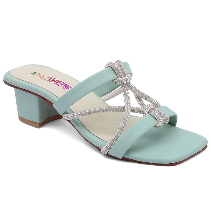 A green and beige sandal with a heel and an adjustable strap, featuring a cushioned sole.