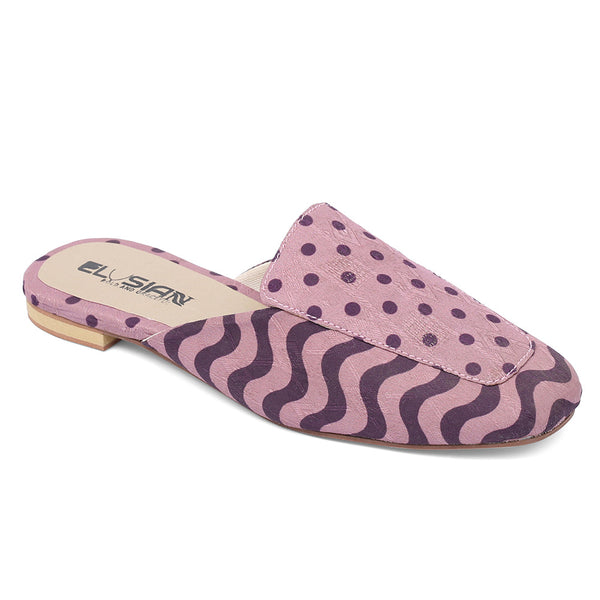 A pair of pink and purple floral printed mules with a dotted pattern, displaying the sole and a part of the upper surface.